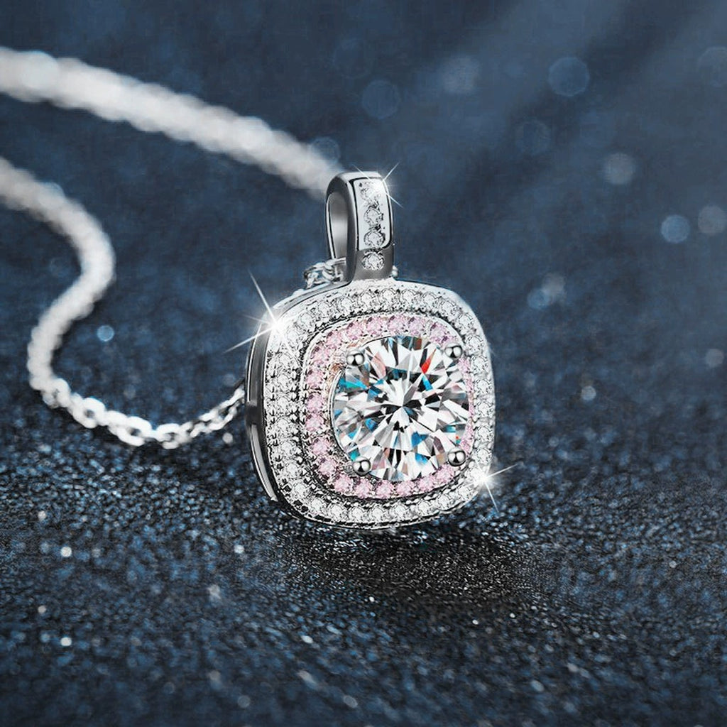 Pink Halo Round Moissanite Necklace with CZ in White Gold-Plated S925 sterling silver display scene showing chain and stone layout