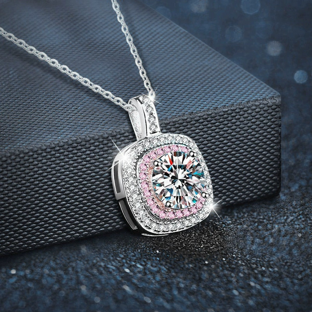 Pink Halo Round Moissanite Necklace with CZ in White Gold-Plated S925 sterling silver angled product detail view