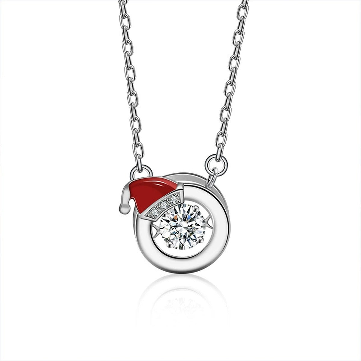 Santa Hat Round Moissanite Necklace with CZ in White Gold-Plated S925 sterling silver white background product photo showing santa hat pendant with a round moissanite center and red CZ holiday accent