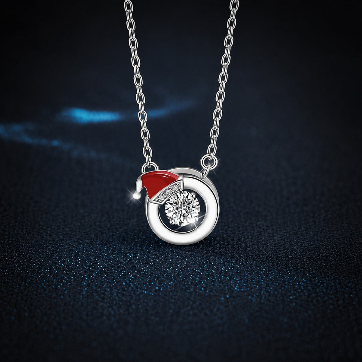 Santa Hat Round Moissanite Necklace with CZ in White Gold-Plated S925 sterling silver close-up product scene showing pendant setting