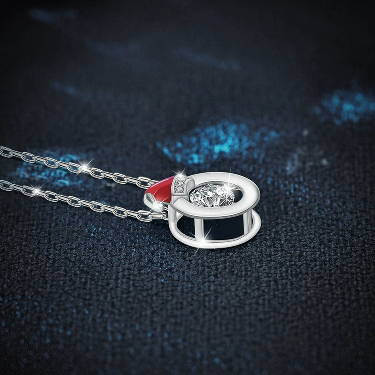Santa Hat Round Moissanite Necklace with CZ in White Gold-Plated S925 sterling silver blue display scene showing chain and stone layout