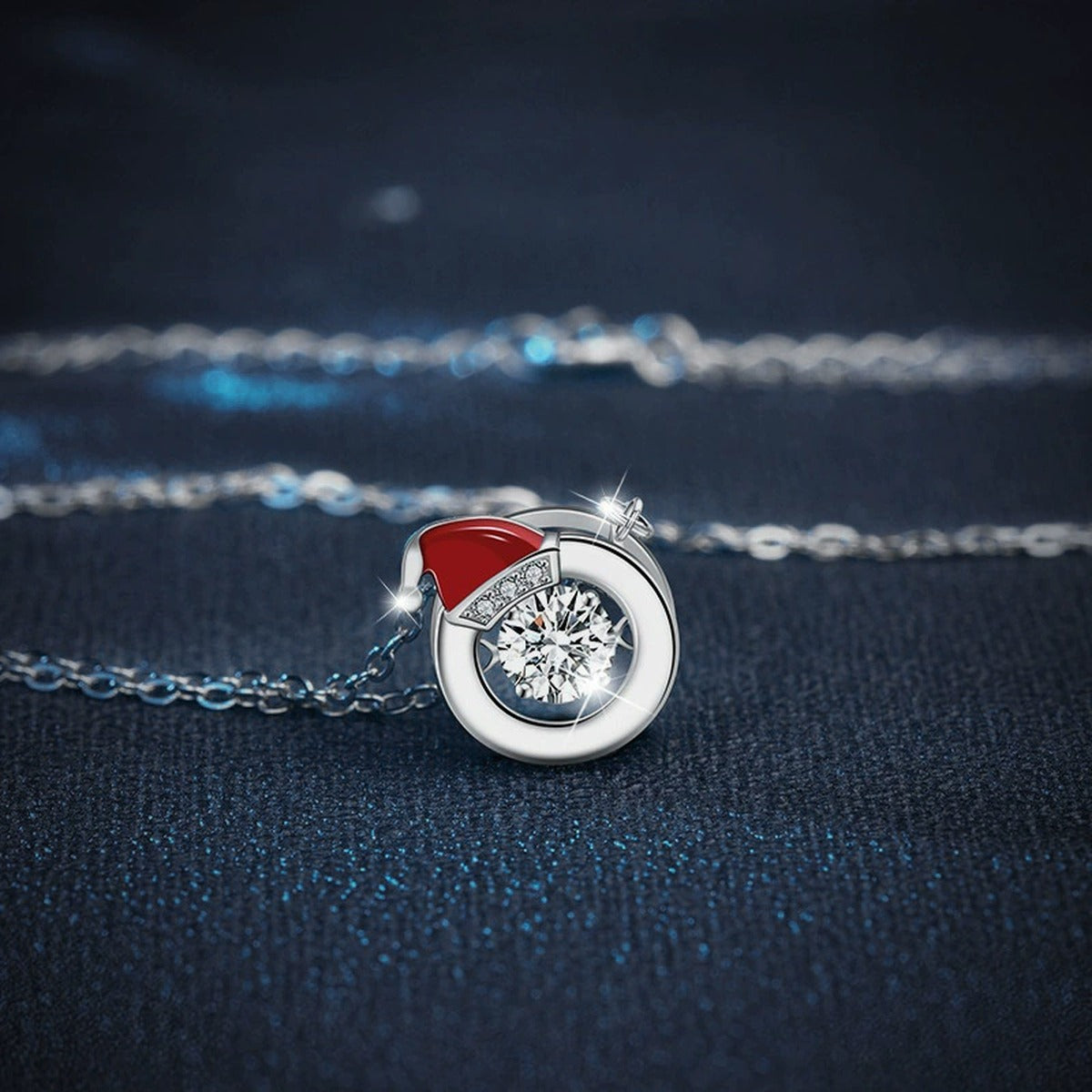 Santa Hat Round Moissanite Necklace with CZ in White Gold-Plated S925 sterling silver angled product detail view