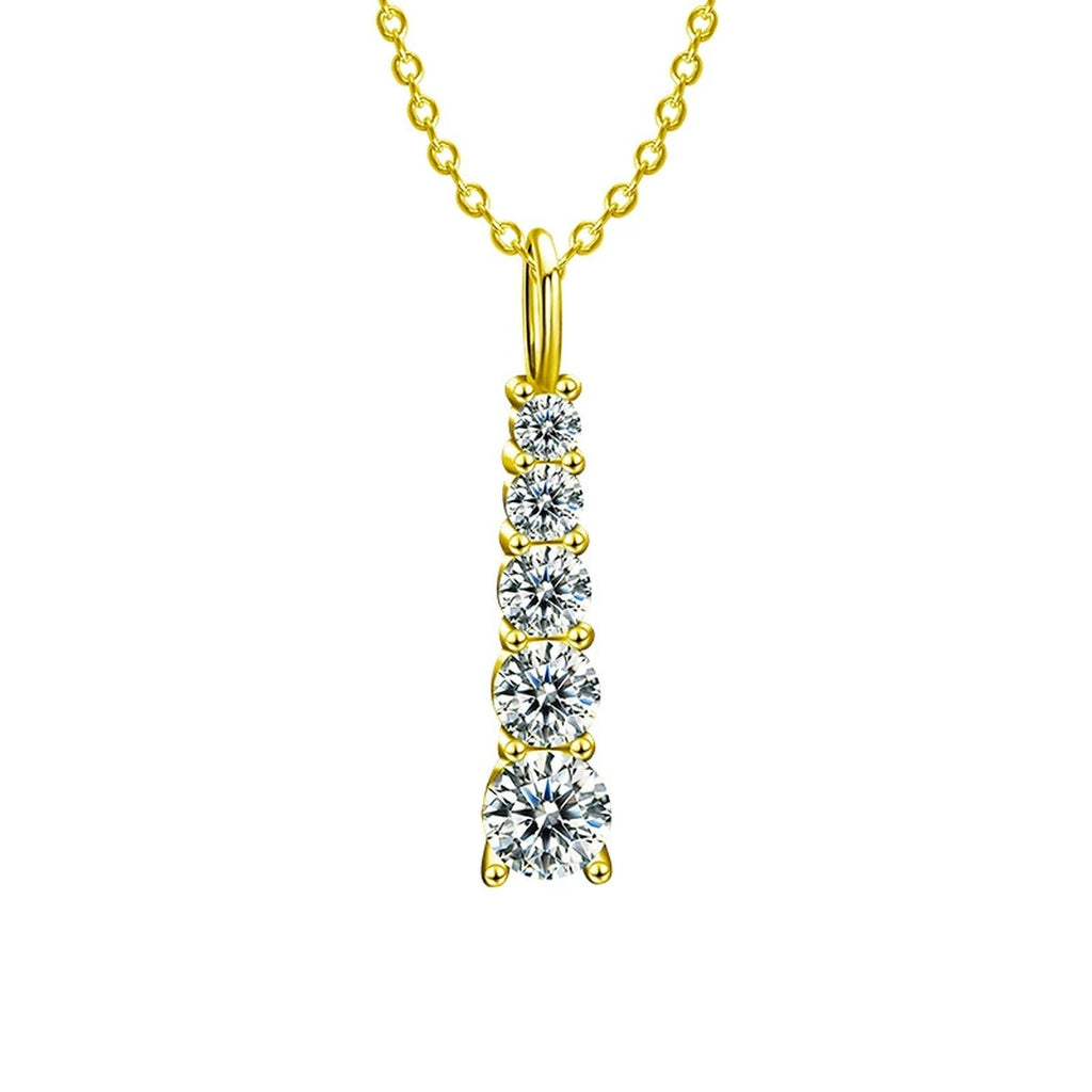 Vertical Five-Stone Moissanite Necklace in Gold-Plated S925 sterling silver white background product photo showing vertical five-stone pendant with graduated round moissanite stones in white gold or yellow gold plating