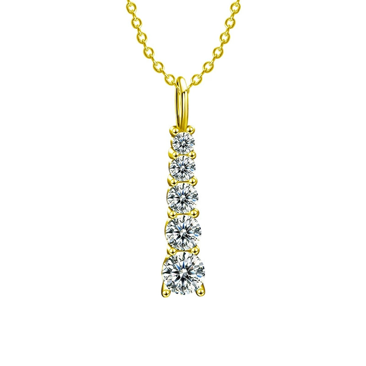 Vertical Five-Stone Moissanite Necklace in Gold-Plated S925 sterling silver white background product photo showing vertical five-stone pendant with graduated round moissanite stones in white gold or yellow gold plating