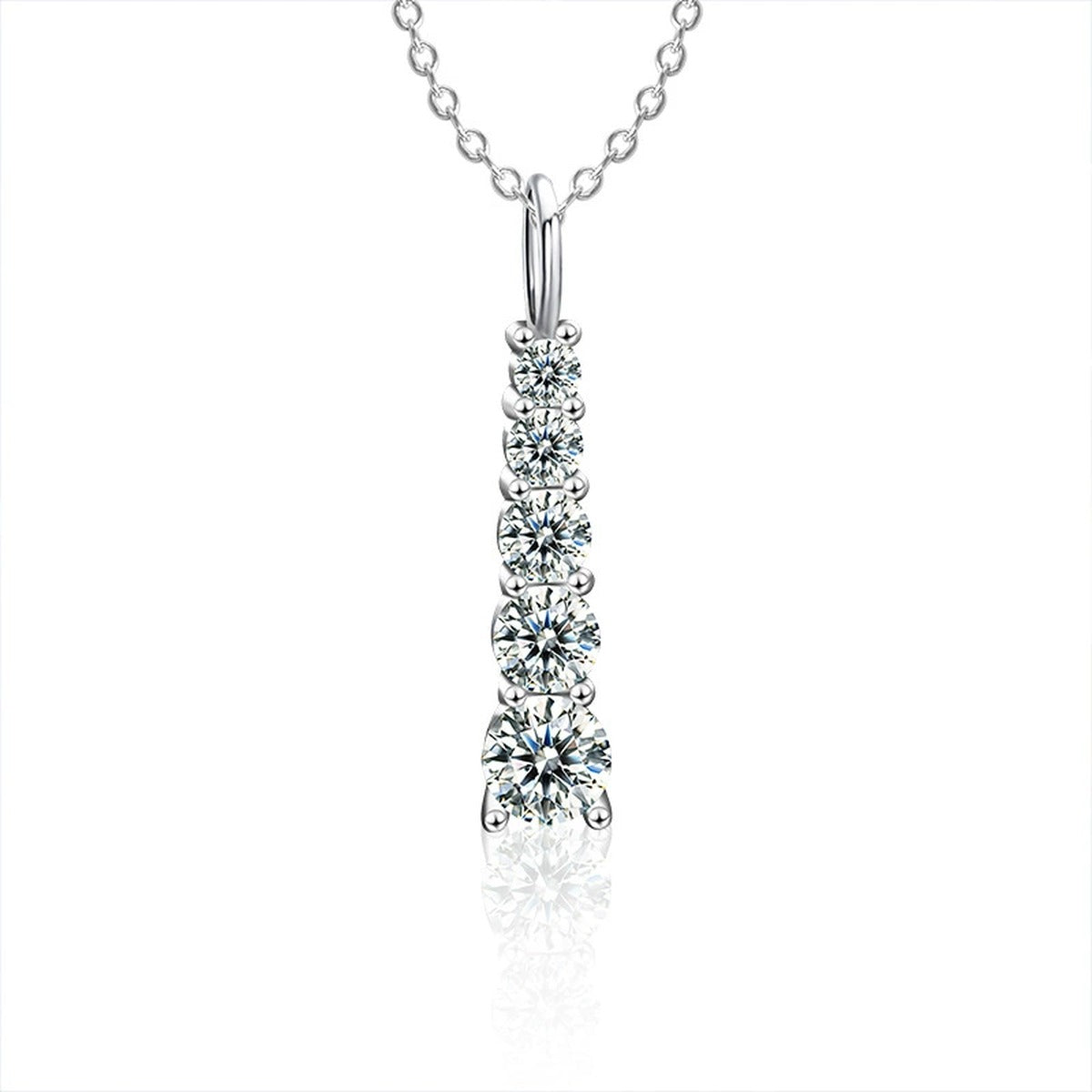 Vertical Five-Stone Moissanite Necklace in Gold-Plated S925 sterling silver white background product photo showing vertical five-stone pendant with graduated round moissanite stones in white gold or yellow gold plating