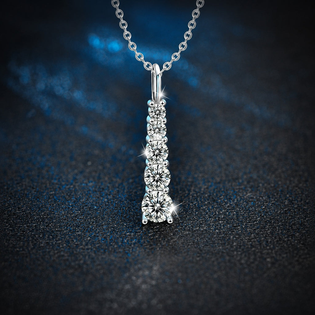 Vertical Five-Stone Moissanite Necklace in Gold-Plated S925 sterling silver close-up product scene showing pendant setting