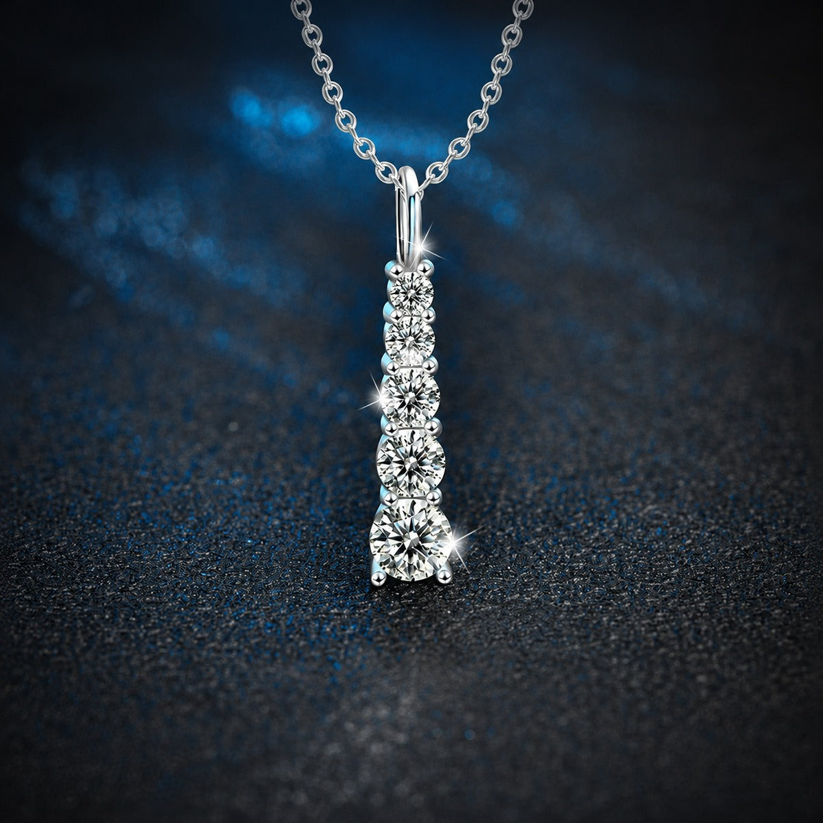 Vertical Five-Stone Moissanite Necklace in Gold-Plated S925 sterling silver close-up product scene showing pendant setting