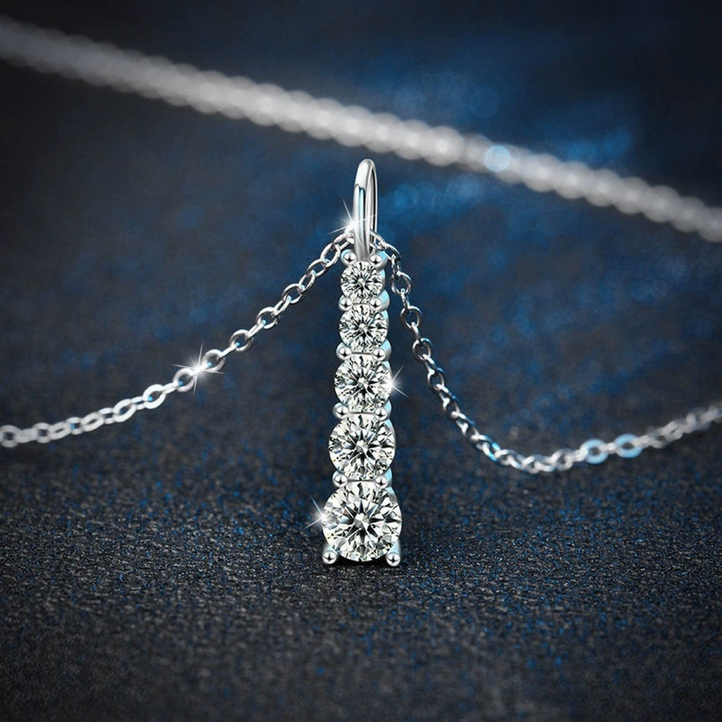 Vertical Five-Stone Moissanite Necklace in Gold-Plated S925 sterling silver blue display scene showing chain and stone layout
