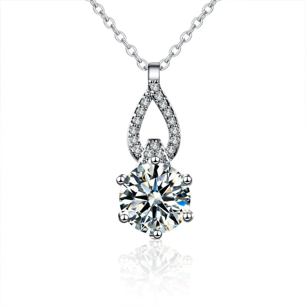 Teardrop Round Moissanite Necklace with CZ in White Gold-Plated S925 sterling silver white background front product view showing open teardrop pendant lifting a round moissanite beneath a CZ-set arch