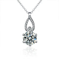 Teardrop Round Moissanite Necklace with CZ in White Gold-Plated S925 sterling silver white background front product view showing open teardrop pendant lifting a round moissanite beneath a CZ-set arch