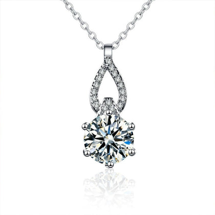 Teardrop Round Moissanite Necklace with CZ in White Gold-Plated S925 sterling silver white background front product view showing open teardrop pendant lifting a round moissanite beneath a CZ-set arch
