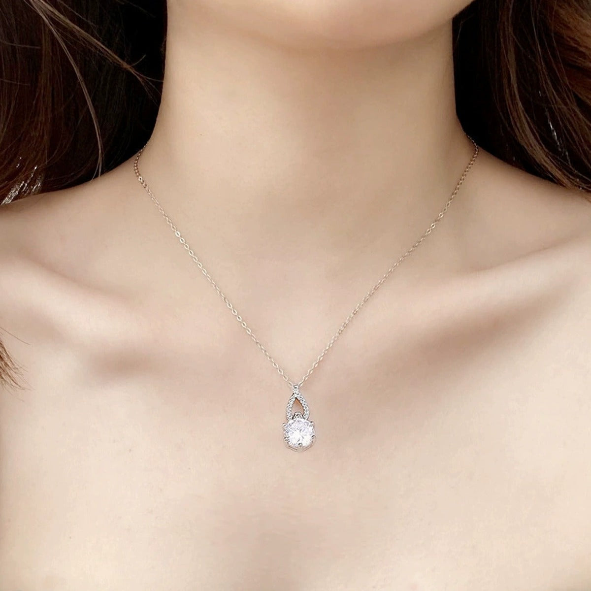 Teardrop Round Moissanite Necklace with CZ in White Gold-Plated S925 sterling silver neckline model view showing pendant scale and chain length