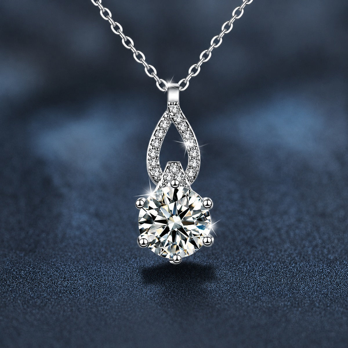 Teardrop Round Moissanite Necklace with CZ in White Gold-Plated S925 sterling silver close-up styled product scene showing pendant setting
