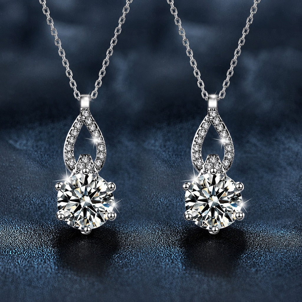 Teardrop Round Moissanite Necklace with CZ in White Gold-Plated S925 sterling silver display scene showing chain and stone layout