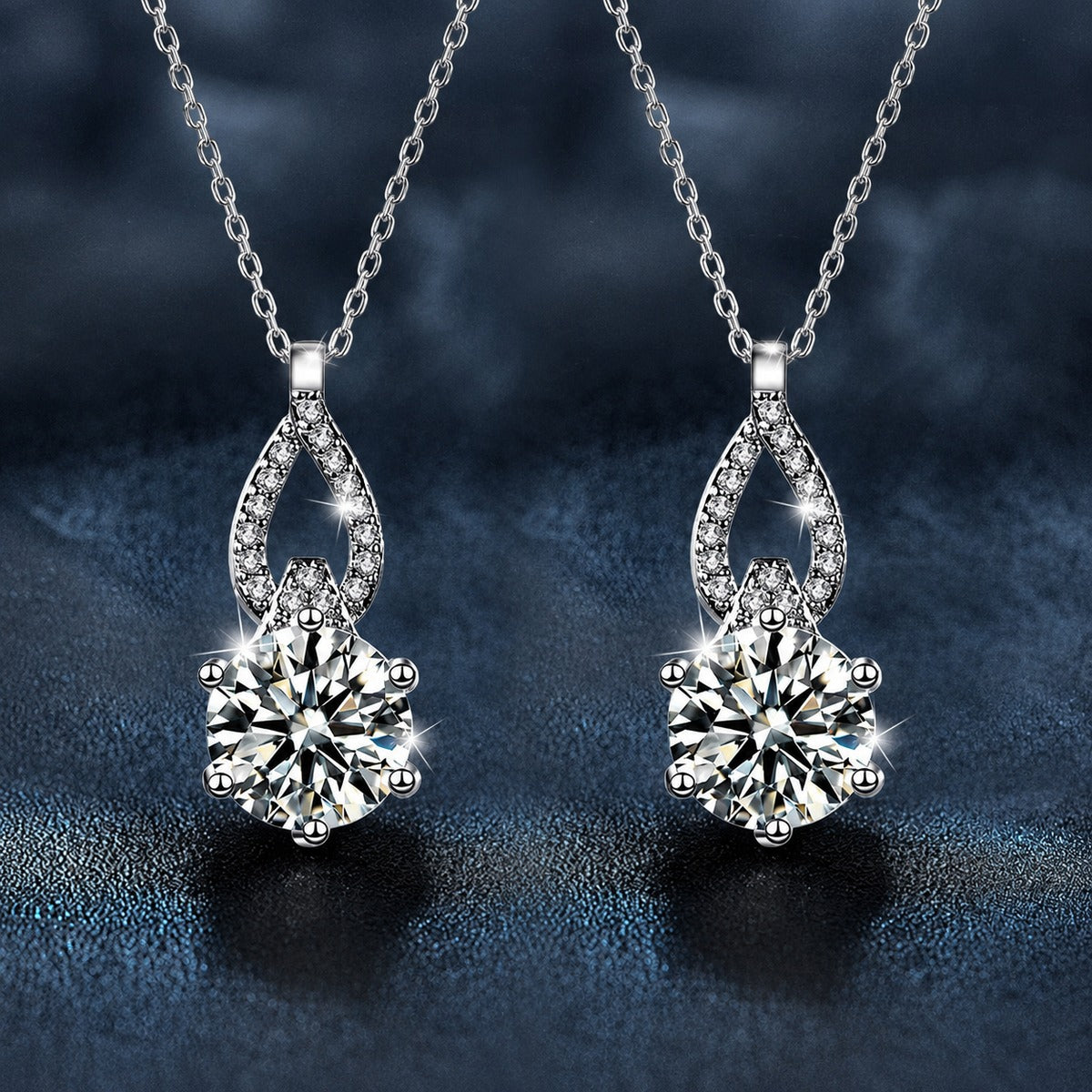 Teardrop Round Moissanite Necklace with CZ in White Gold-Plated S925 sterling silver display scene showing chain and stone layout