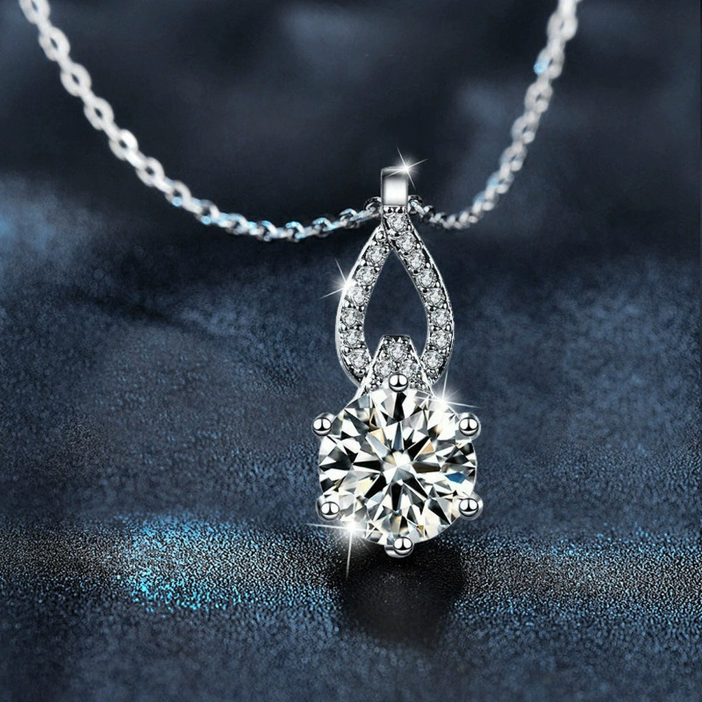 Teardrop Round Moissanite Necklace with CZ in White Gold-Plated S925 sterling silver angled product detail view