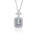 Radiant Cut Moissanite Halo Necklace with CZ in White Gold-Plated S925 sterling silver white background front product view showing a radiant-cut center framed by a rectangular CZ halo and floral bail