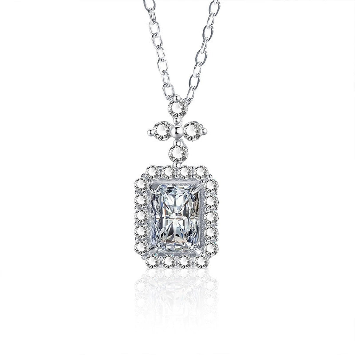 Radiant Cut Moissanite Halo Necklace with CZ in White Gold-Plated S925 sterling silver white background front product view showing a radiant-cut center framed by a rectangular CZ halo and floral bail