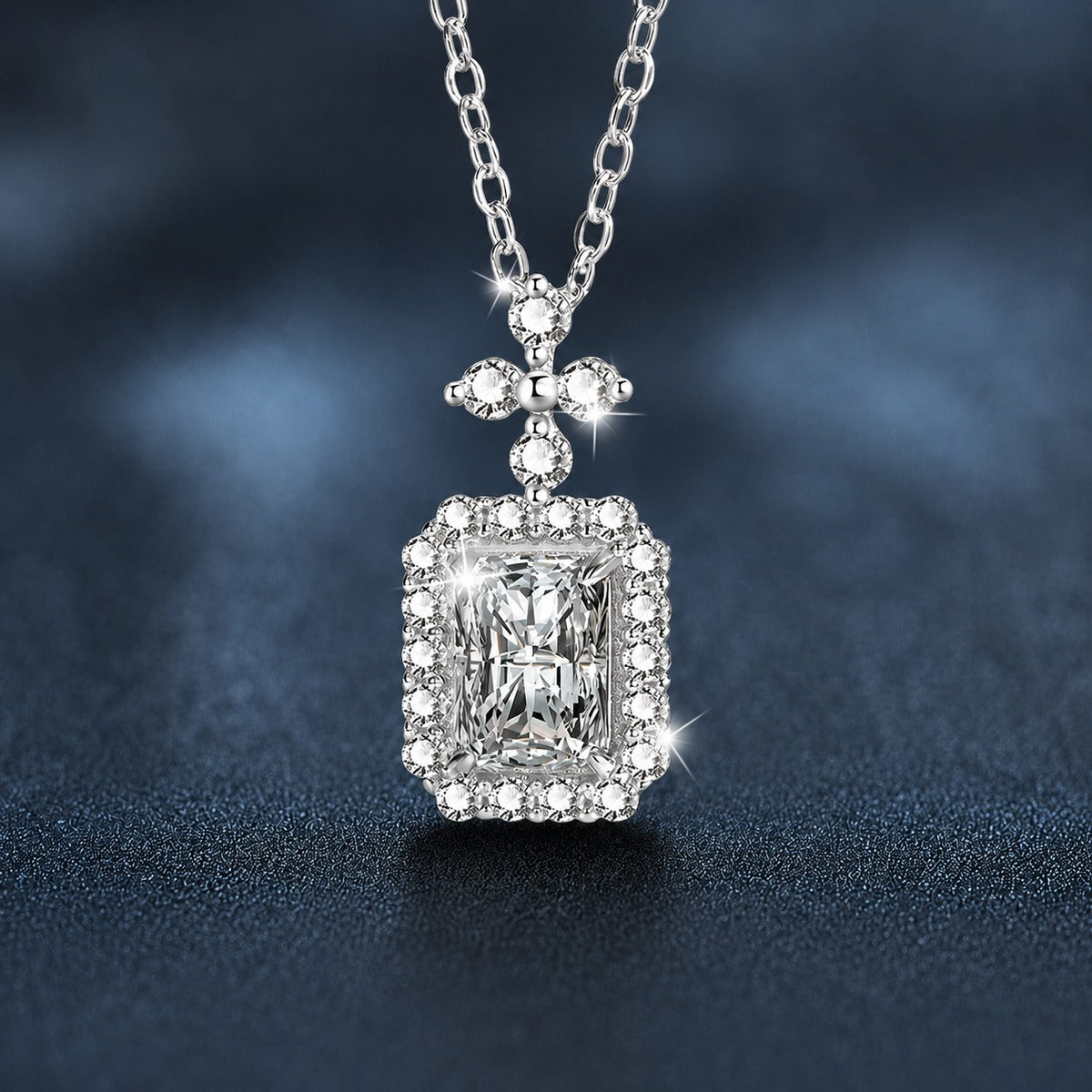 Radiant Cut Moissanite Halo Necklace with CZ in White Gold-Plated S925 sterling silver close-up styled product scene showing pendant setting
