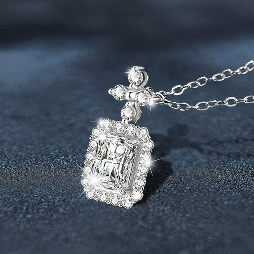 Radiant Cut Moissanite Halo Necklace with CZ in White Gold-Plated S925 sterling silver display scene showing chain and stone layout