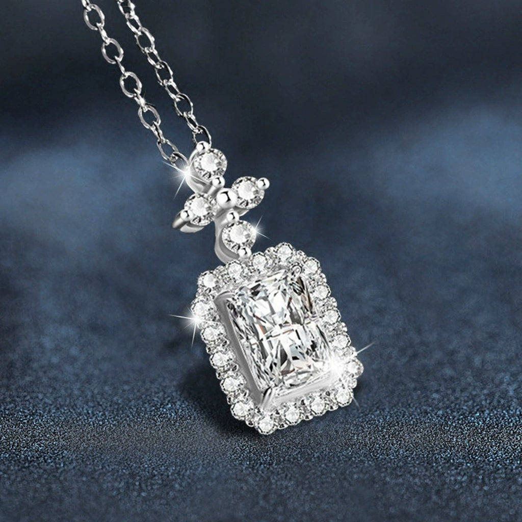 Radiant Cut Moissanite Halo Necklace with CZ in White Gold-Plated S925 sterling silver angled product detail view