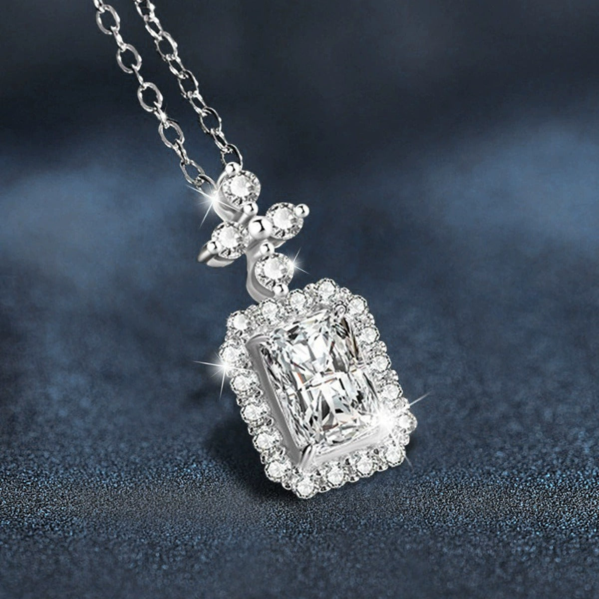 Radiant Cut Moissanite Halo Necklace with CZ in White Gold-Plated S925 sterling silver angled product detail view