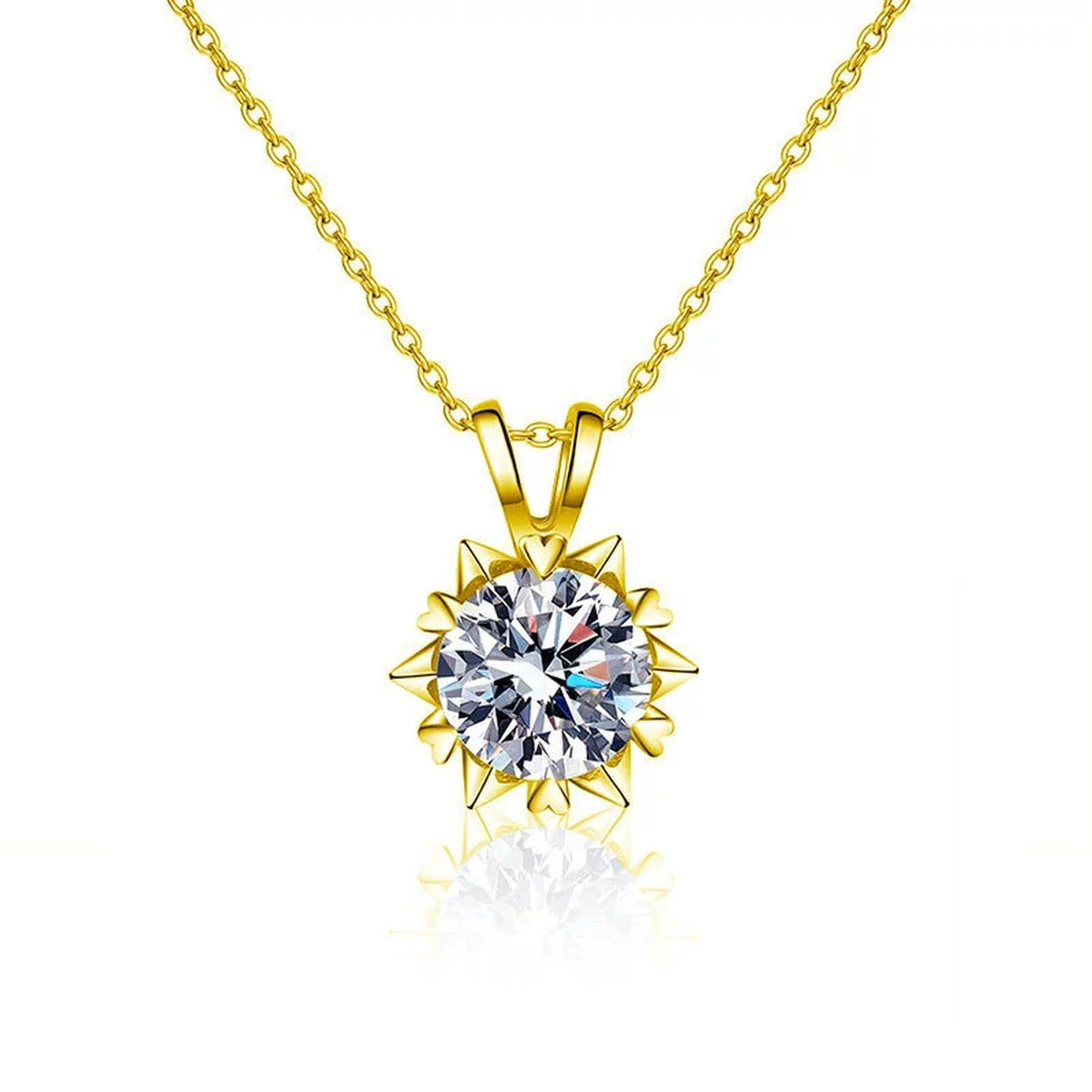 Snowflake Halo Round Moissanite Necklace in Gold-Plated S925 sterling silver white background front product view showing a sculptural snowflake halo surrounding a round moissanite