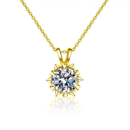 Snowflake Halo Round Moissanite Necklace in Gold-Plated S925 sterling silver white background front product view showing a sculptural snowflake halo surrounding a round moissanite