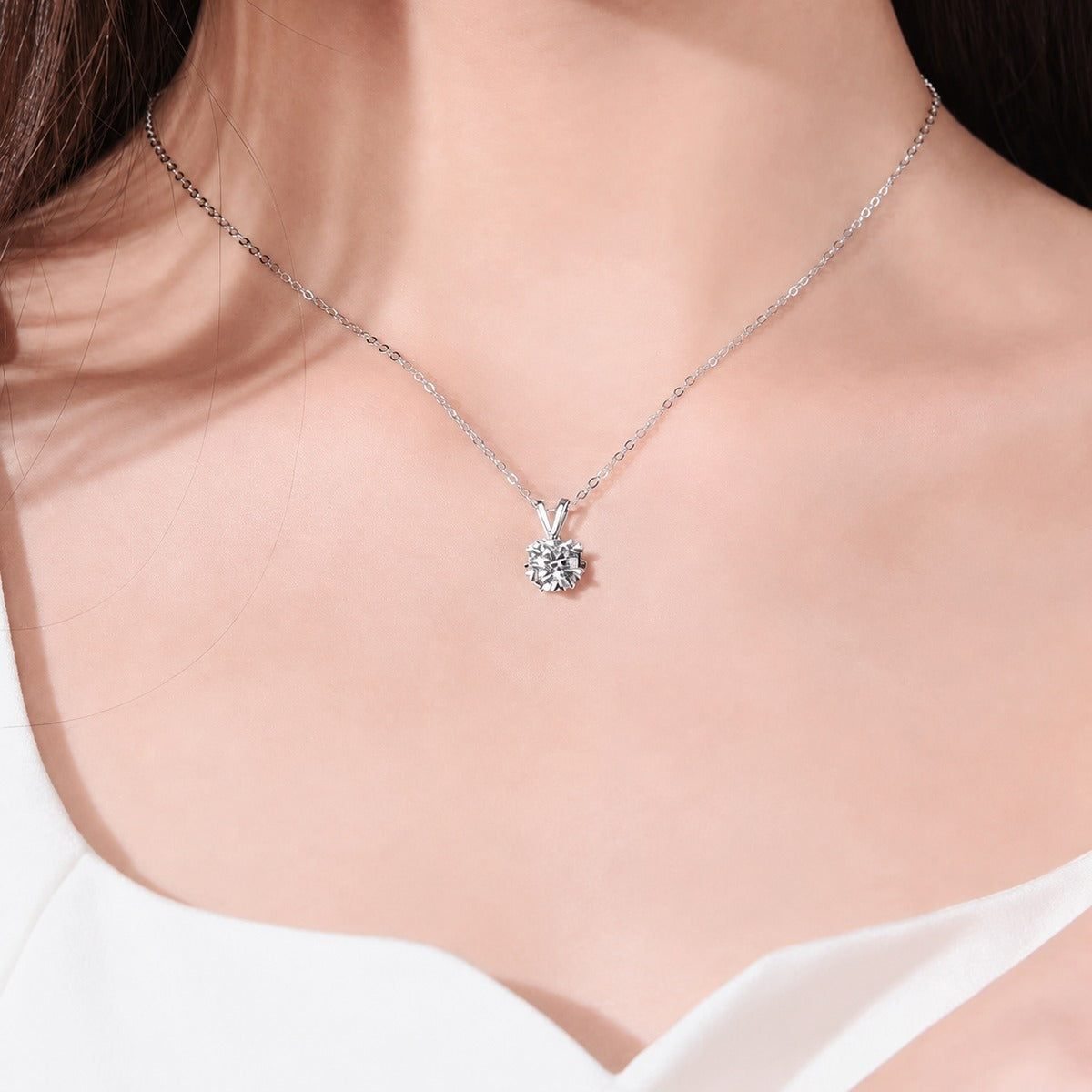 Snowflake Halo Round Moissanite Necklace in Gold-Plated S925 sterling silver neckline model view showing pendant scale and chain length