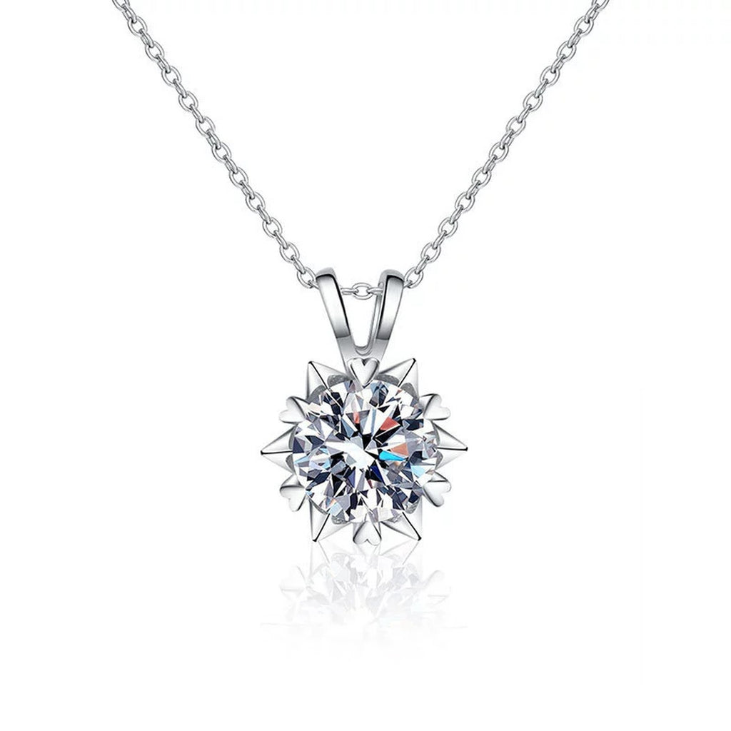Snowflake Halo Round Moissanite Necklace in Gold-Plated S925 sterling silver alternate metal color white background product view showing a sculptural snowflake halo surrounding a round moissanite