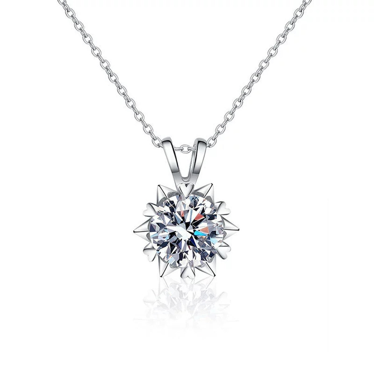 Snowflake Halo Round Moissanite Necklace in Gold-Plated S925 sterling silver alternate metal color white background product view showing a sculptural snowflake halo surrounding a round moissanite
