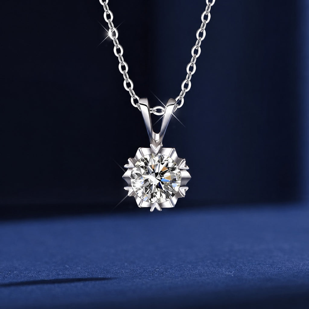 Snowflake Halo Round Moissanite Necklace in Gold-Plated S925 sterling silver close-up styled product scene showing pendant setting
