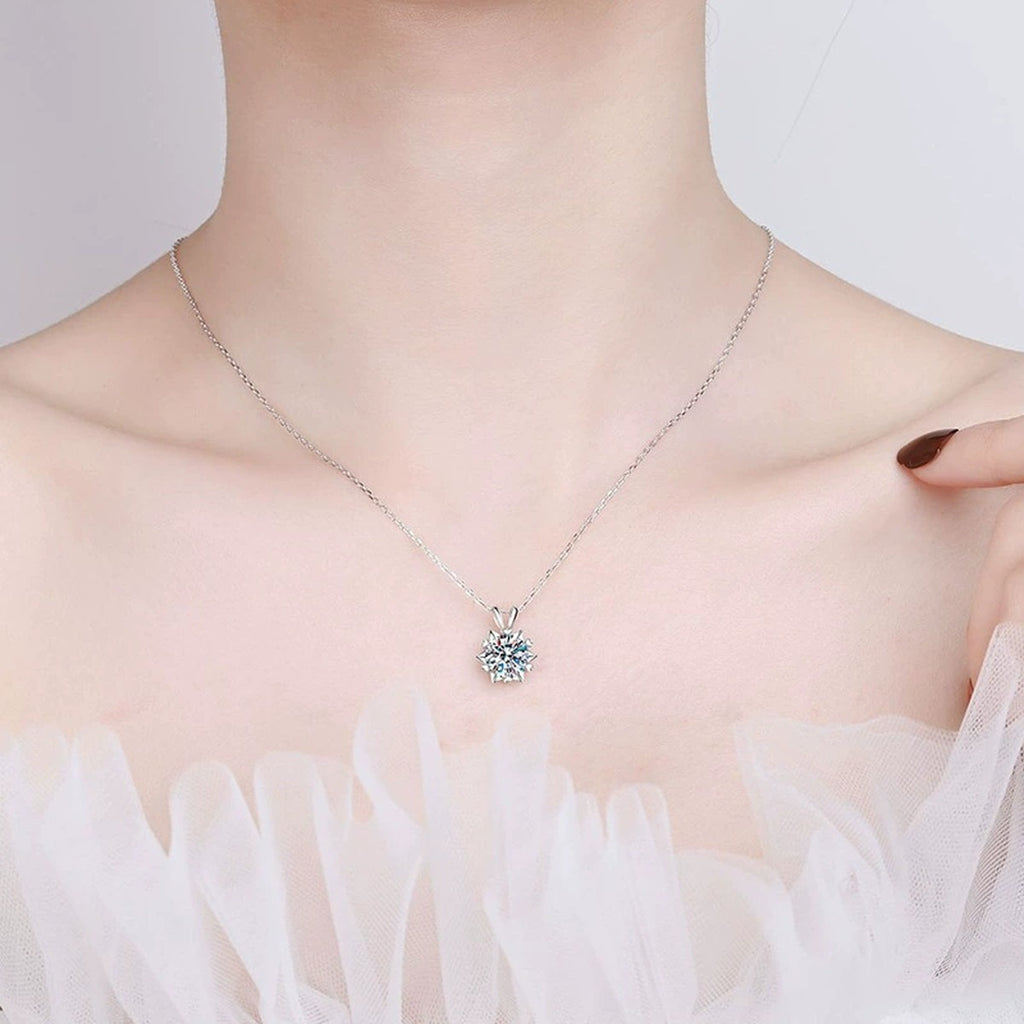 Snowflake Halo Round Moissanite Necklace in Gold-Plated S925 sterling silver additional worn styling view showing the pendant on the body