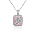 Pink Halo Radiant Moissanite Necklace with Pink CZ in White Gold-Plated S925 sterling silver white background product photo showing rectangular pink halo pendant with a radiant-cut moissanite center and pink CZ frame