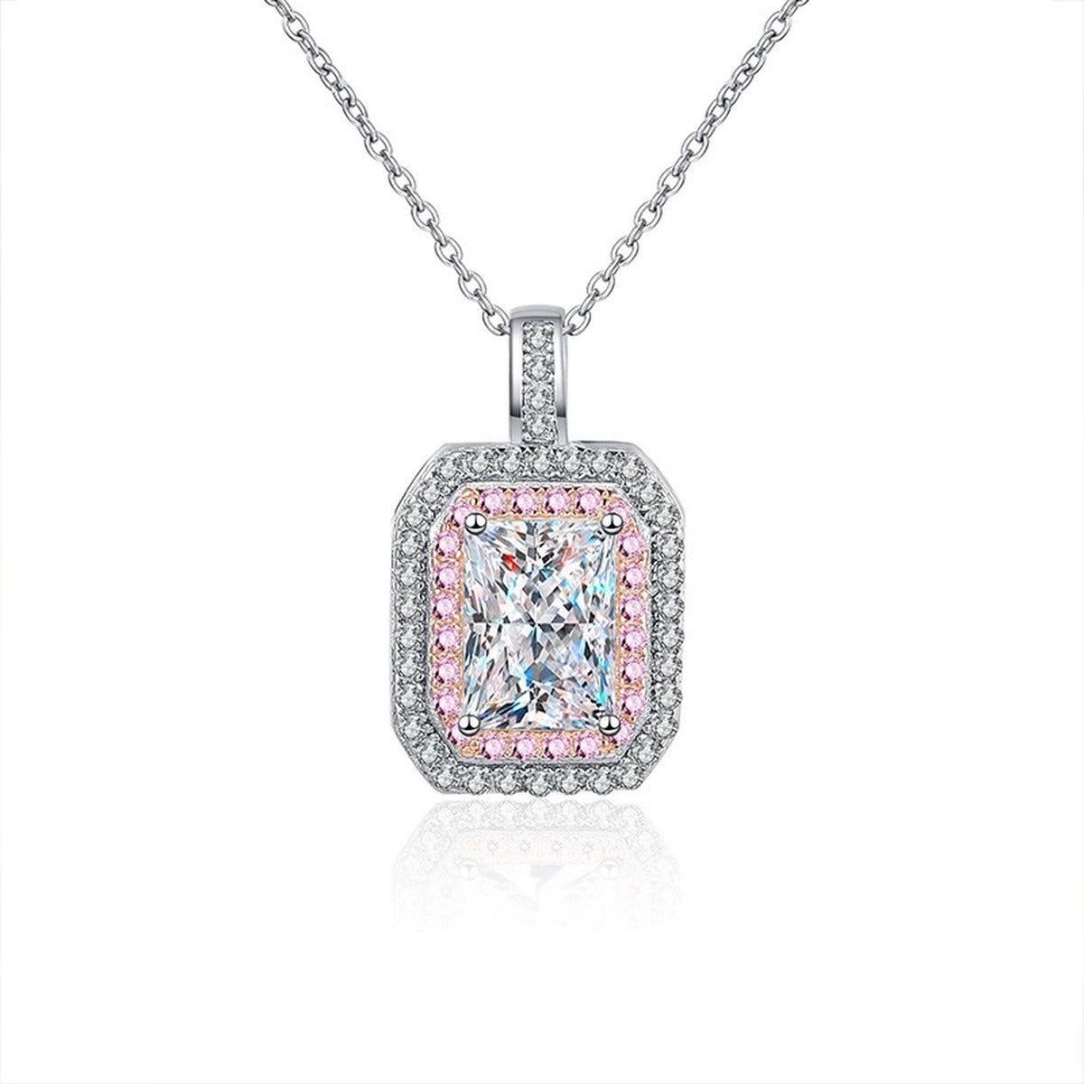 Pink Halo Radiant Moissanite Necklace with Pink CZ in White Gold-Plated S925 sterling silver white background product photo showing rectangular pink halo pendant with a radiant-cut moissanite center and pink CZ frame