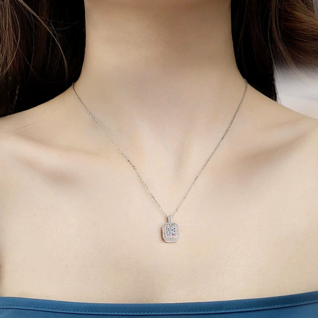 Pink Halo Radiant Moissanite Necklace with Pink CZ in White Gold-Plated S925 sterling silver neckline model view showing pendant scale and chain length