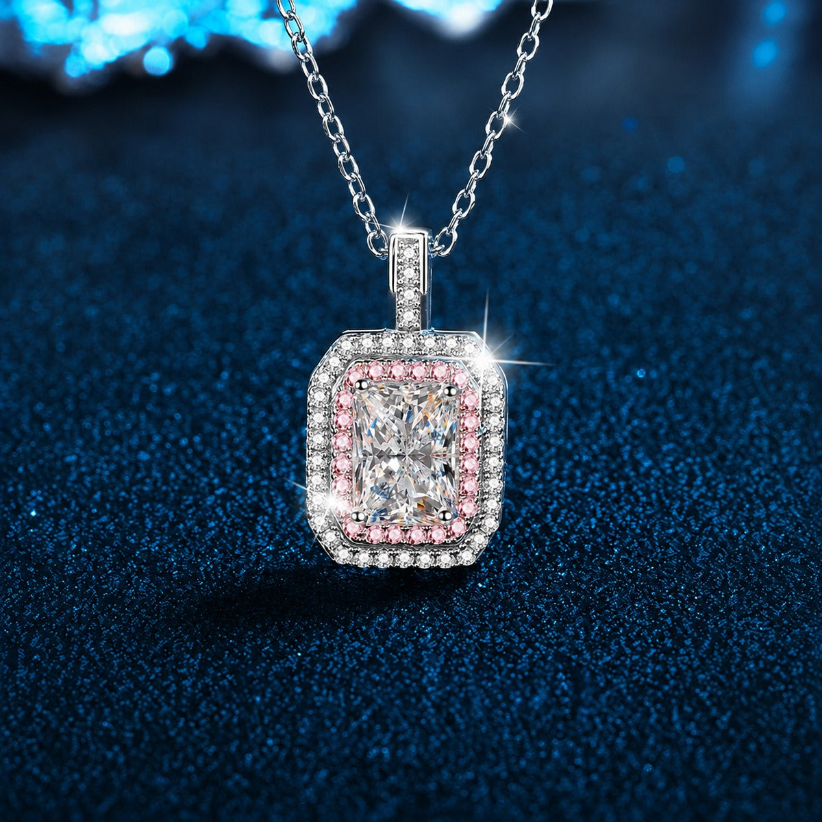 Pink Halo Radiant Moissanite Necklace with Pink CZ in White Gold-Plated S925 sterling silver close-up product scene showing pendant setting