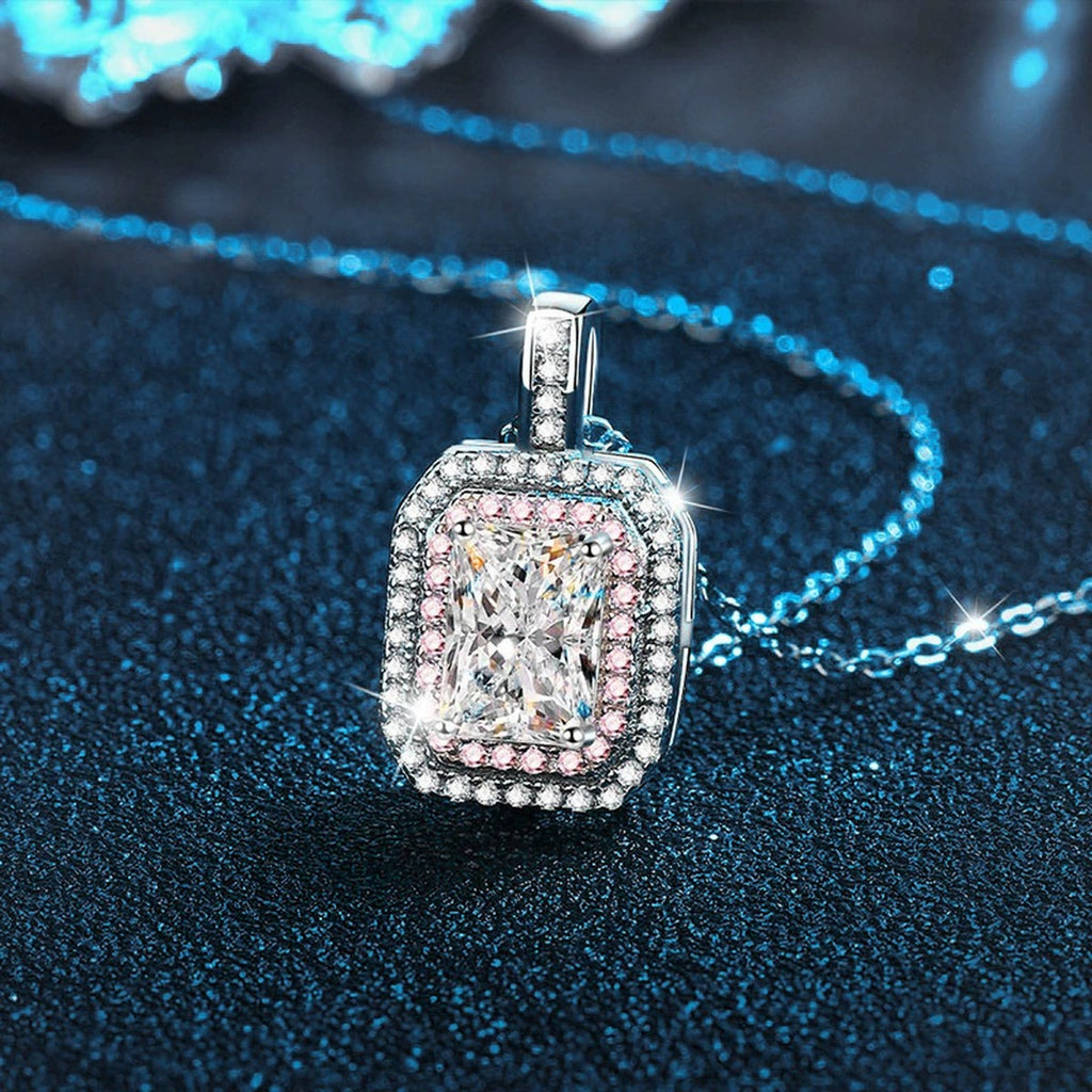 Pink Halo Radiant Moissanite Necklace with Pink CZ in White Gold-Plated S925 sterling silver blue display scene showing chain and stone layout
