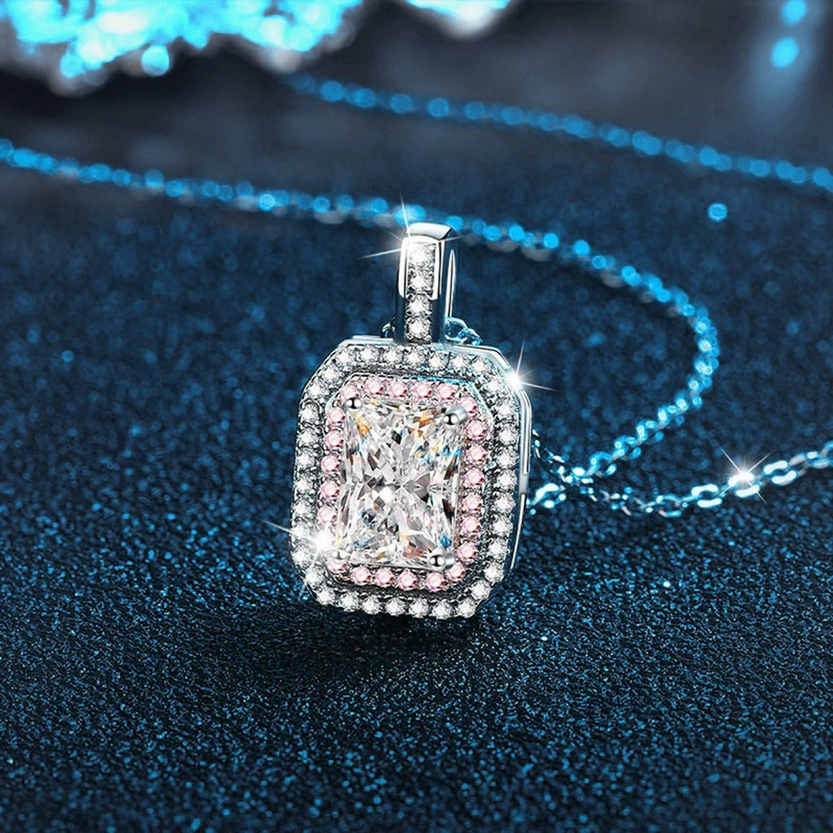 Pink Halo Radiant Moissanite Necklace with Pink CZ in White Gold-Plated S925 sterling silver blue display scene showing chain and stone layout