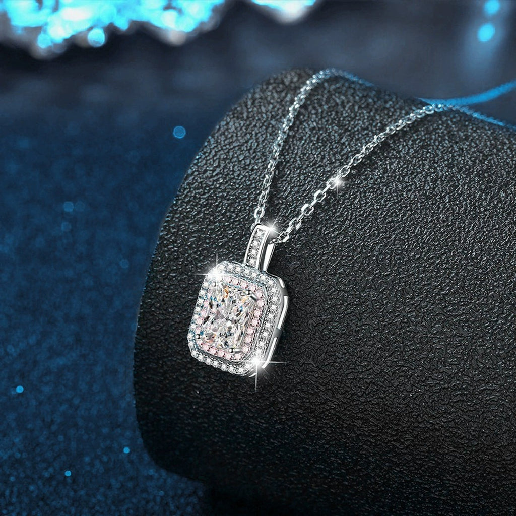 Pink Halo Radiant Moissanite Necklace with Pink CZ in White Gold-Plated S925 sterling silver angled product detail view