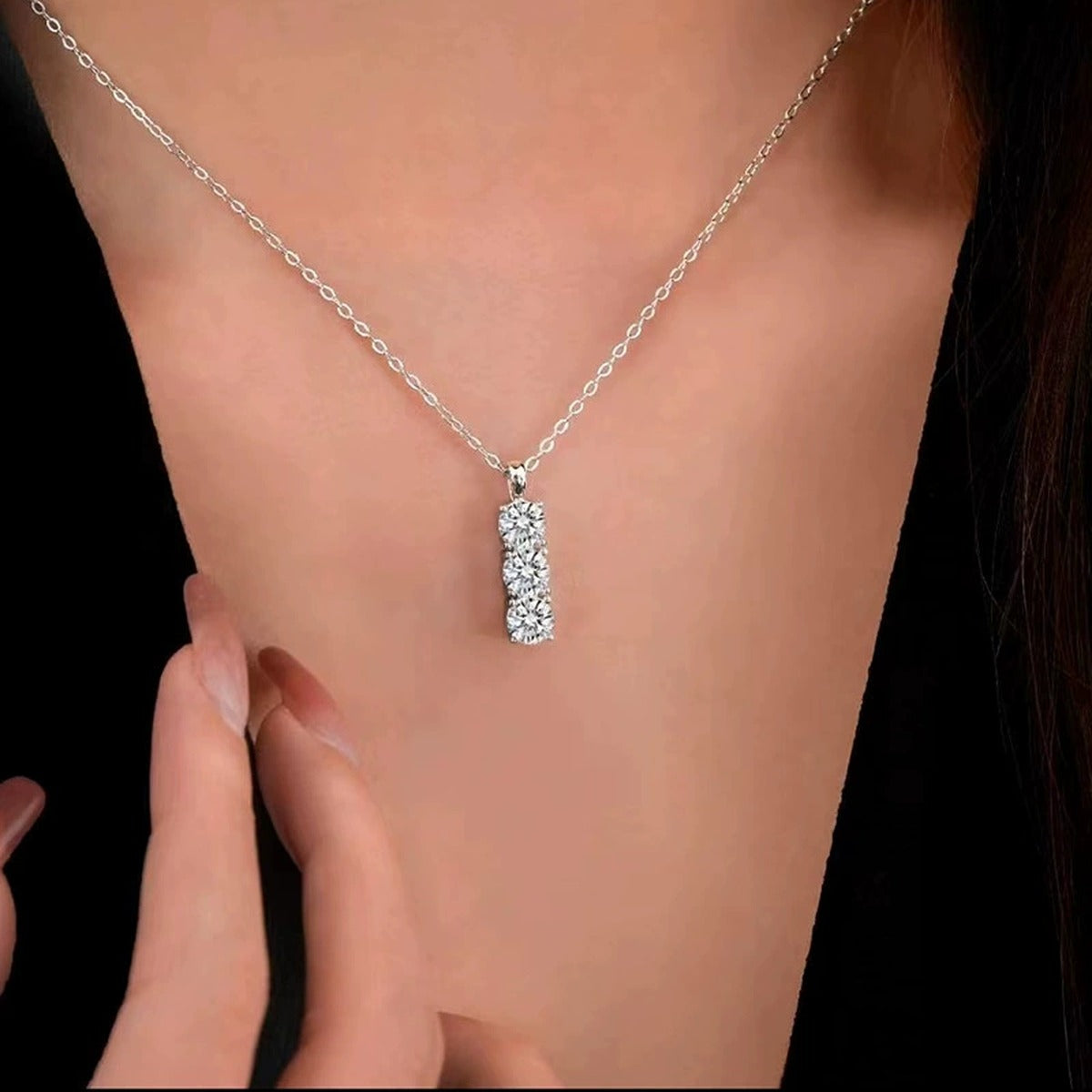 Bar Round Moissanite Necklace in Gold-Plated S925 sterling silver neckline model view showing pendant scale and chain length
