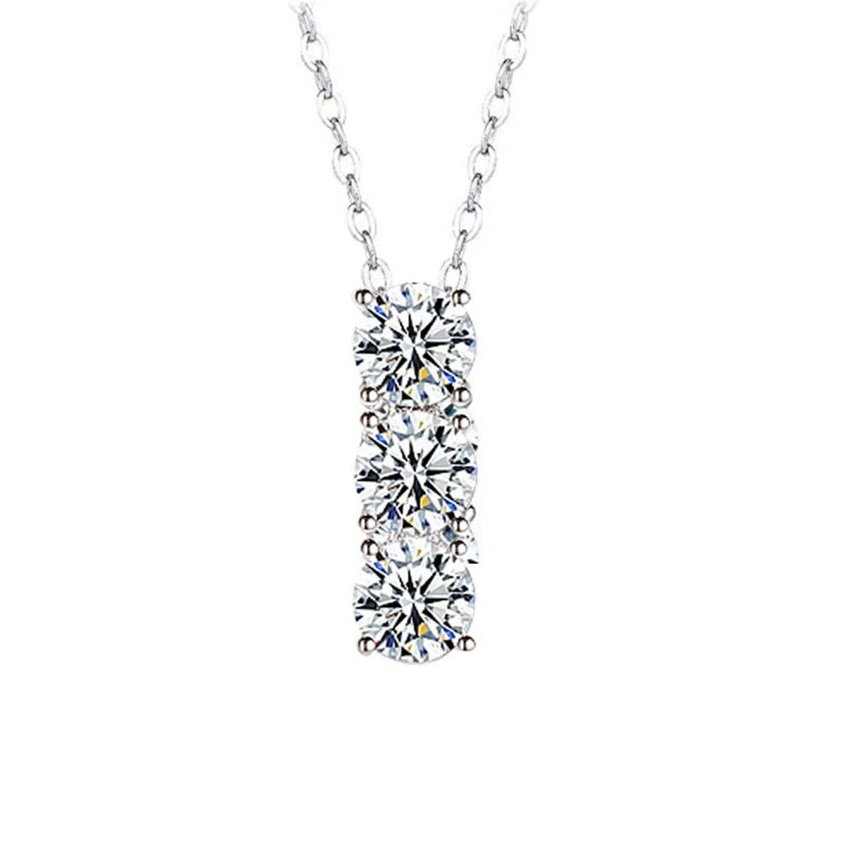Bar Round Moissanite Necklace in Gold-Plated S925 sterling silver white background product photo showing vertical bar pendant with a row of round moissanite stones in white gold or yellow gold plating