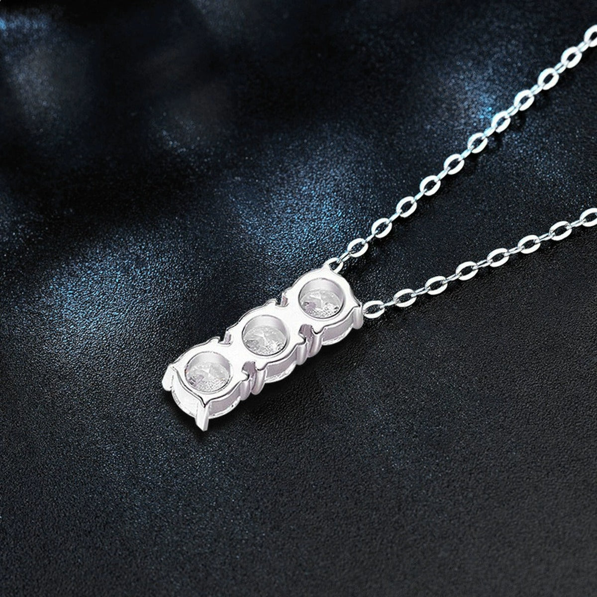 Bar Round Moissanite Necklace in Gold-Plated S925 sterling silver blue display scene showing chain and stone layout