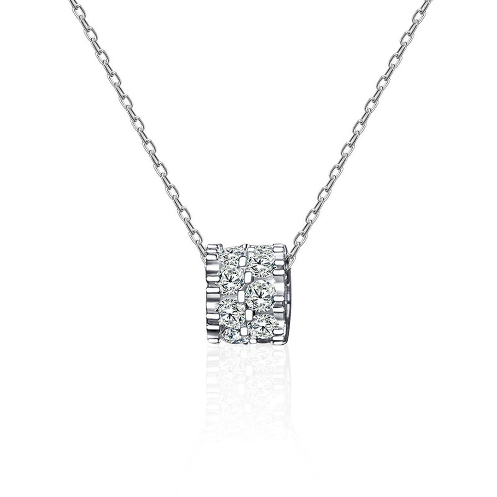 Round Wheel Moissanite Necklace with CZ in White Gold-Plated S925 sterling silver white background product photo showing round wheel pendant with small round moissanite center and CZ pavé surface, offered with two chain types