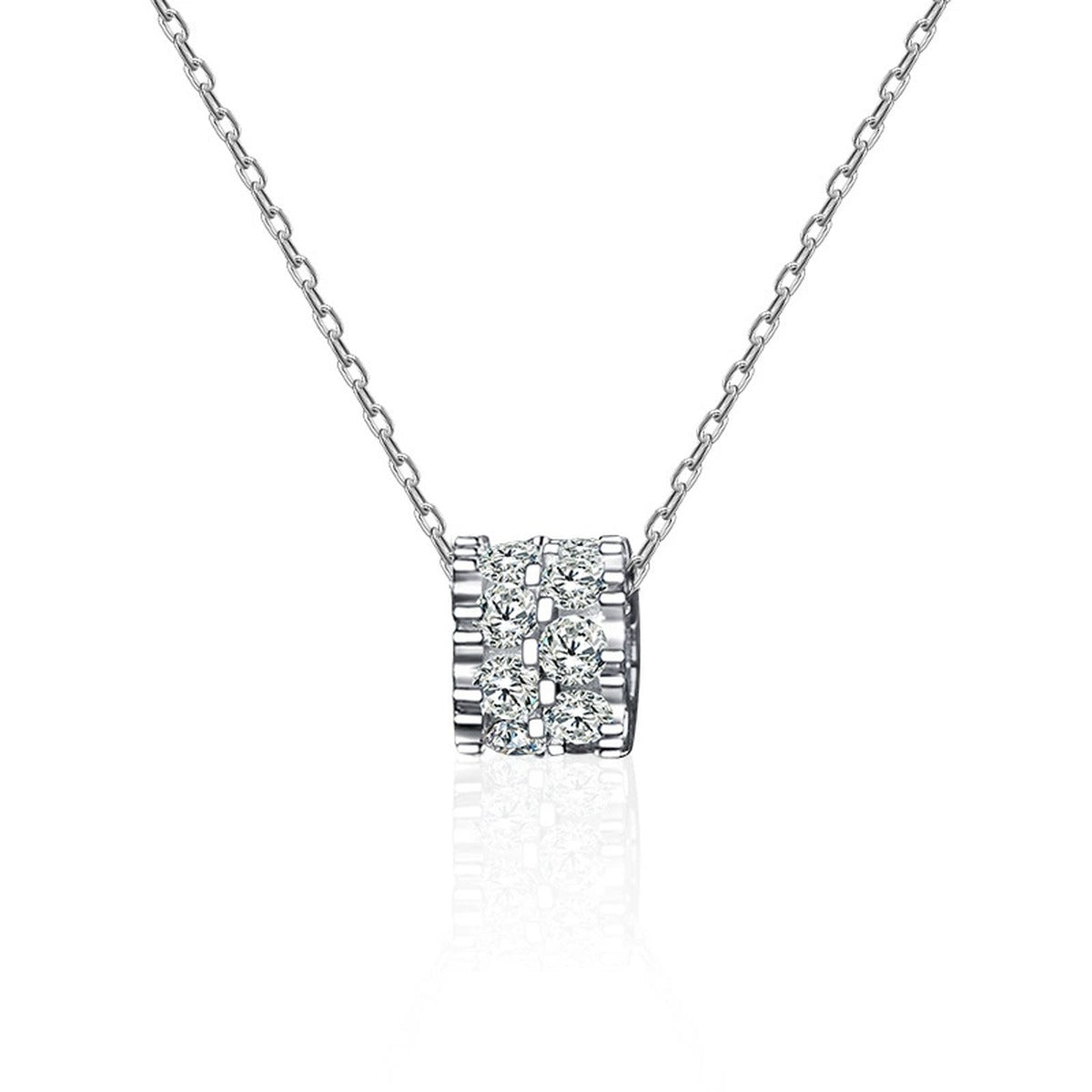 Round Wheel Moissanite Necklace with CZ in White Gold-Plated S925 sterling silver white background product photo showing round wheel pendant with small round moissanite center and CZ pavé surface, offered with two chain types