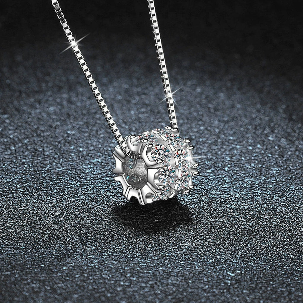 Round Wheel Moissanite Necklace with CZ in White Gold-Plated S925 sterling silver blue display scene showing chain and stone layout