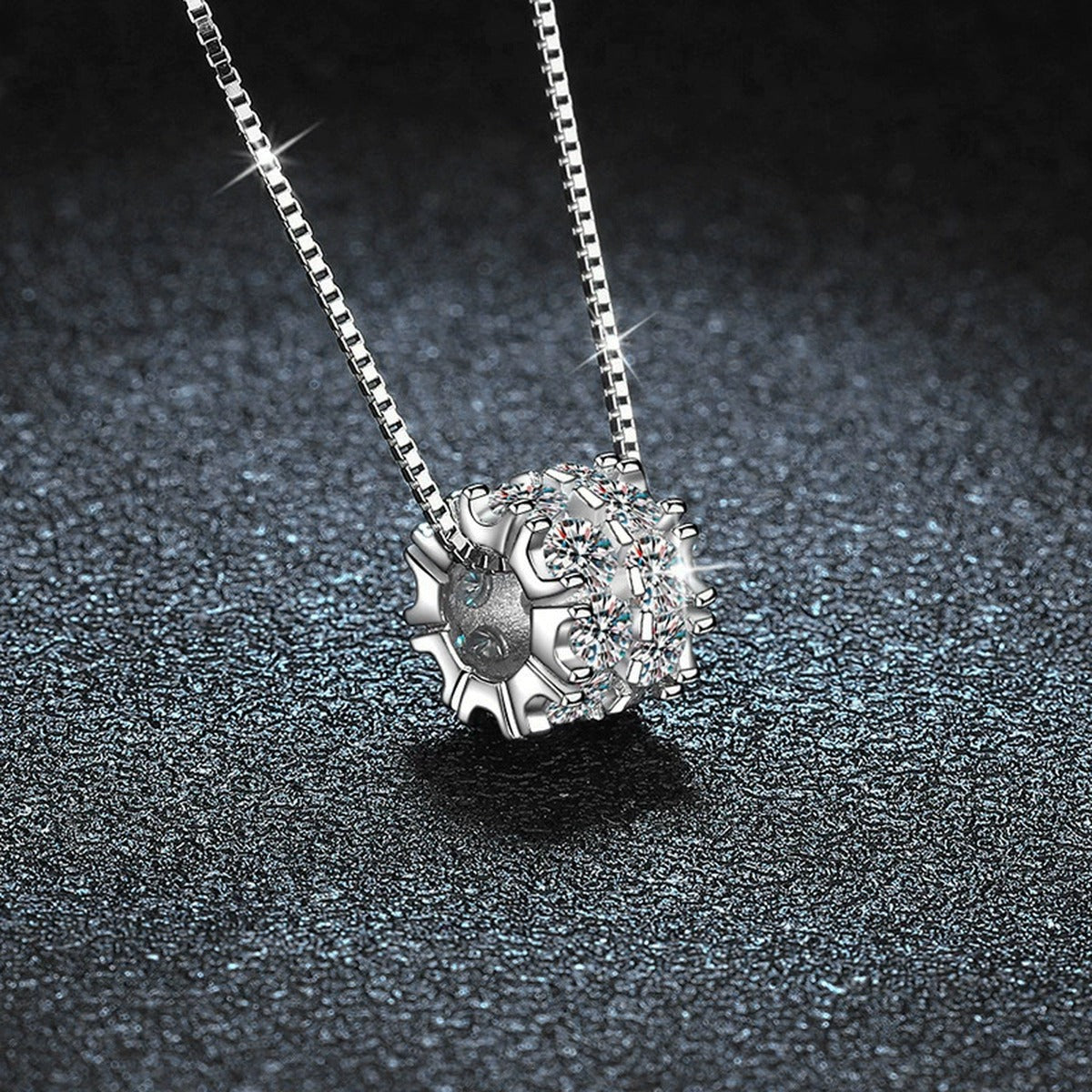 Round Wheel Moissanite Necklace with CZ in White Gold-Plated S925 sterling silver blue display scene showing chain and stone layout