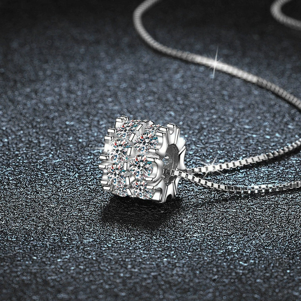 Round Wheel Moissanite Necklace with CZ in White Gold-Plated S925 sterling silver angled product detail view