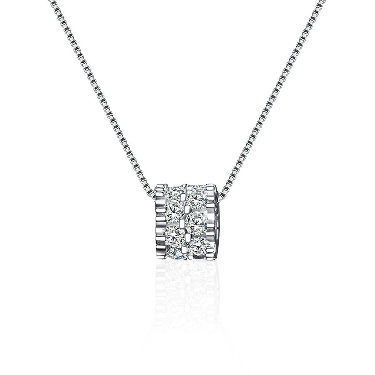 Round Wheel Moissanite Necklace with CZ in White Gold-Plated S925 sterling silver white background product photo showing round wheel pendant with small round moissanite center and CZ pavé surface, offered with two chain types