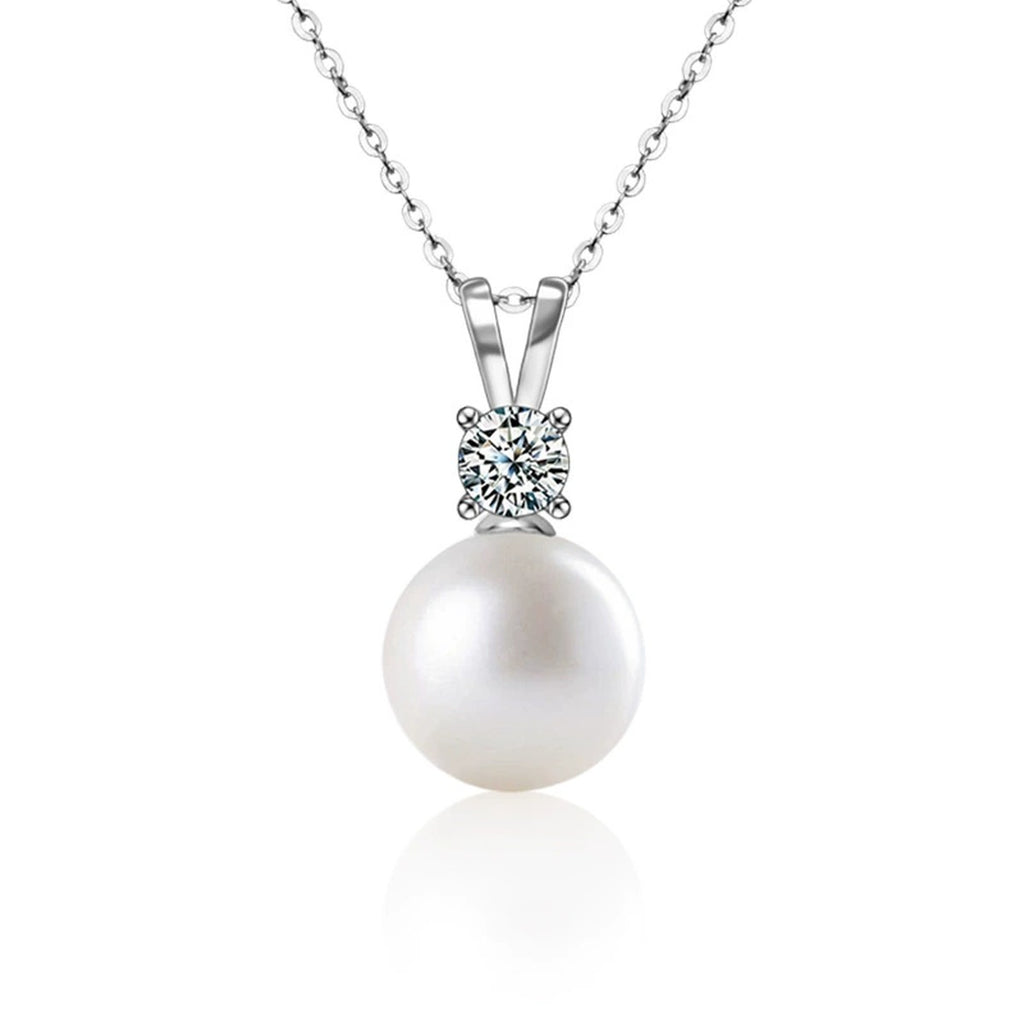 Round Moissanite and Pearl Drop Necklace in White Gold-Plated S925 sterling silver white background front product view showing a near-round pearl suspended beneath a round moissanite accent